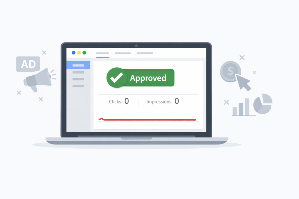 Google Ads campaign approved but showing no traffic, flatline graph on analytics dashboard
