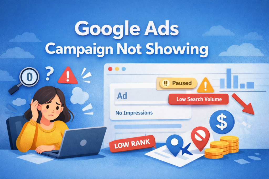 Google Ads campaign not showing error with low search volume and no impressions warning